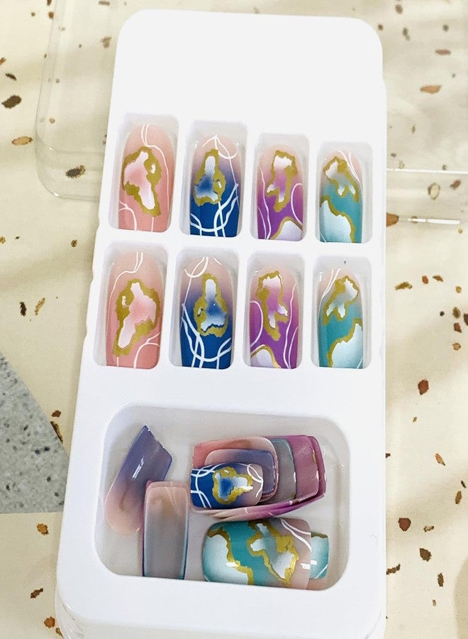 Vezocim Acrylic Square False Nails Sets, 24Pcs Pink Gradient Press on Nails Medium Coffin with Gold White Line Designs, Glossy Full Cover Artificial Fake Nails Glue Fingernails with Charm for Women - Image 5